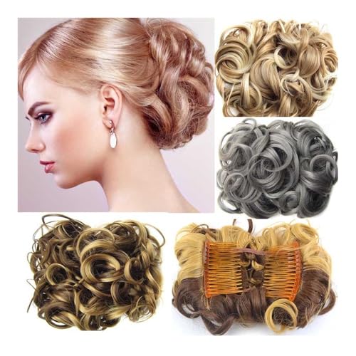 Haarknoten, Synthetisches, lockiges Clip-in-Haarteil im unordentlichen Dutt for Frauen mit Kämmen und Haargummis(Platinum variegations) von changgengyi