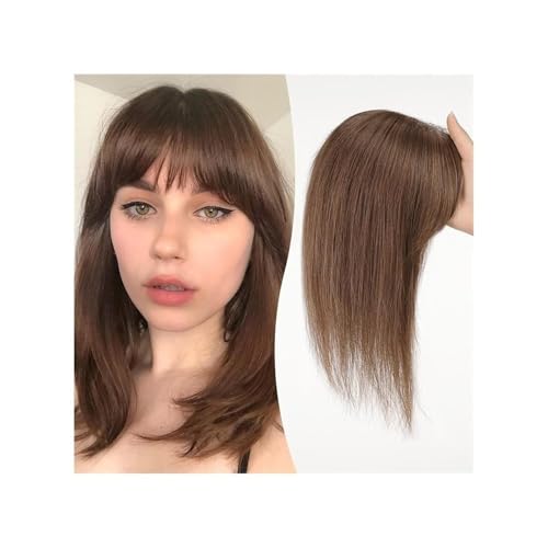 Langhaarperücke, 12 Zoll Echthaar-Topper for Damen – Pony, 10 × 12 cm Spitzenbasis, glatt, for Einclipsen, for dünner werdendes Haar(Medium Brown) von changgengyi