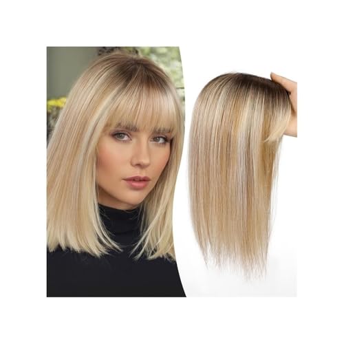 Langhaarperücke, 12 Zoll Echthaar-Topper for Damen – Pony, 10 × 12 cm Spitzenbasis, glatt, for Einclipsen, for dünner werdendes Haar(Ombre Brown Blonde) von changgengyi