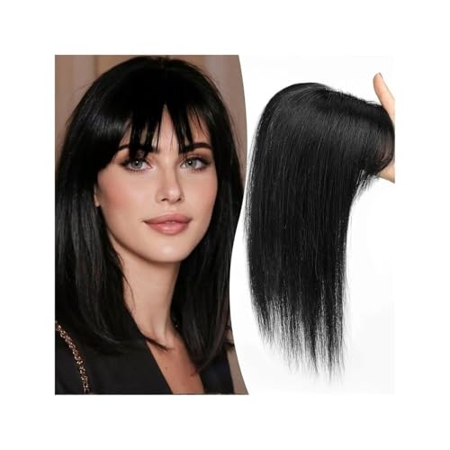 Langhaarperücke, 12-Zoll-Echthaar-Topper mit Pony, 10 x 12 cm Spitzenbasis-Topper, Haarteile, gerader Clip-in-Echthaar-Topper for Frauen mit dünner werdendem Haar/Haarausfall(Black) von changgengyi