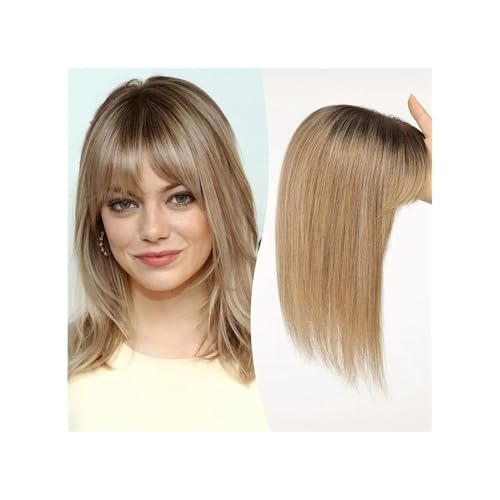 Langhaarperücke, 12-Zoll-Echthaar-Topper mit Pony, 10 x 12 cm Spitzenbasis-Topper, Haarteile, gerader Clip-in-Echthaar-Topper for Frauen mit dünner werdendem Haar/Haarausfall(Light Brown) von changgengyi