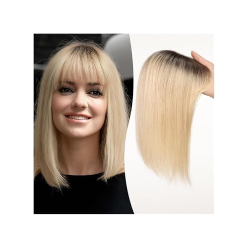 Langhaarperücke, 12-Zoll-Echthaar-Topper mit Pony, 10 x 12 cm Spitzenbasis-Topper, Haarteile, gerader Clip-in-Echthaar-Topper for Frauen mit dünner werdendem Haar/Haarausfall(Ombre Light Blonde) von changgengyi