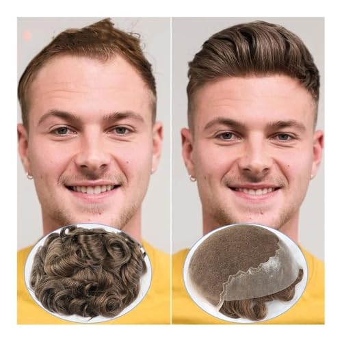 Lustige Perücken, Haaransatz Basis Schweizer Spitze Front Perücke mit Haut Toupet Remy 100% Echthaar Toupet Männer Haarteil Perücken für Männer,(Beige Blonde,7x9) von changgengyi