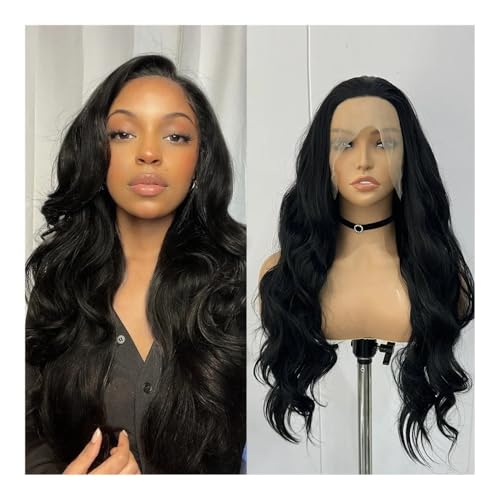 Perücken Echthaar-Perücken, lange gewellte schwarze Perücken mit Brasilianer, for schwarze Frauen, tägliche Party, Verwendung von lockigem Kunsthaar(13x5 Density 180%,28inch) von changgengyi