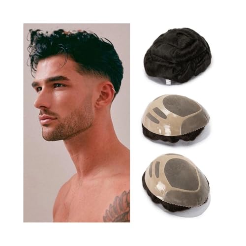 Toupet-Haar für Männer, Herren-Toupet, Haarersatz, Echthaar, langlebig, selbstklebend, Haarteil, Toupets, System-Toupet(Jet Black) von changgengyi