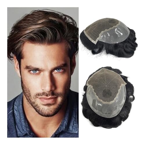 Toupet-Haar für Männer, Herrenperücken, Wellenprothese, Schweizer Spitze und PU-Basis, Haarersatzsystem for männliche Perücken, 6 Zoll, gebleichte Knoten, Haaransatz, Haarteile(Off Black,6x8) von changgengyi