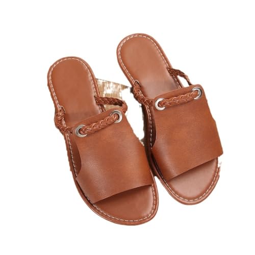 changgengyi Duschpantoffel, Sommer Hausschuhe Damen Pure Color Geflochtene Einfache Tägliche Strand Hausschuhe(Brown,42 EU) von changgengyi