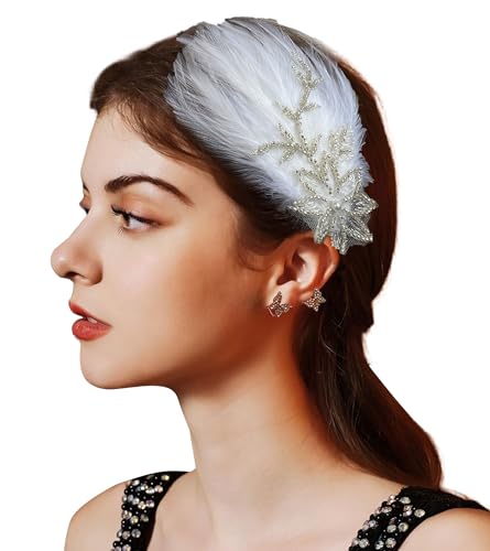 changyexi 1920er Jahre weißer Haarschmuck Feder-Kopfschmuck Fascinator Perle – elegantes Cocktail-Party-Accessoire für Damen von changyexi