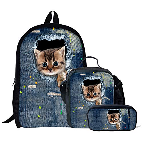 Chaqlin Nette Katze Mädchen Schultaschen Frühstückstaschen Polyester Reiserucksack Bleistiftbeutel 3tlg von chaqlin