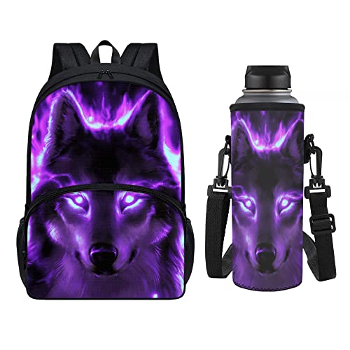 chaqlin 2-teiliges Tier-Schul-Büchertaschen-Set für Kinder, Kleinkinder, großer Rucksack, Schultaschen-Set mit Neopren-Flaschenetui, Halter, Lila Neon Wolf, Einheitsgröße, Schulranzen-Set von chaqlin