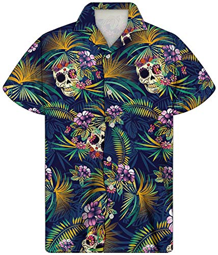 chaqlin 3D Urlaub Kurzarm Herren Sommer Hawaii-Hemden Tops Casual Loose Button Down Bluse Gr. M, Blume Totenkopf von chaqlin