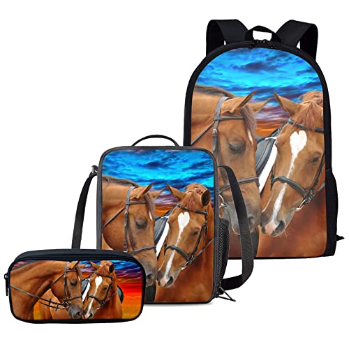 chaqlin Animal Horse Prints Schulrucksack Set Kinder Mädchen Büchertasche mit Lunchbag und Federmäppchen 3-teilig von chaqlin