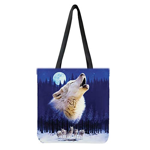 chaqlin Animal Wolf Moon Print Schulterhandtasche Wiederverwendbare Einkaufstaschen mit großer Kapazität für Damen Canvas Tragetaschen Einkaufstaschen von chaqlin