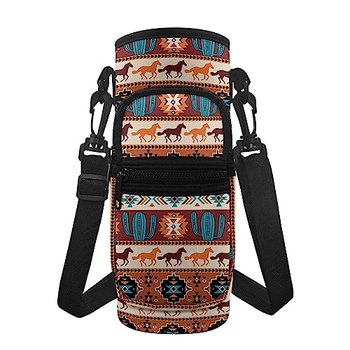 chaqlin Azteken-Pferd Kaktus Wasserflasche Taschen für Kinder und Erwachsene, tragbare Wasserflaschen-Tragetasche, Umhängetasche, Handyhalter, Kreditkartenhalter, Reißverschluss, Geldbörse mit von chaqlin