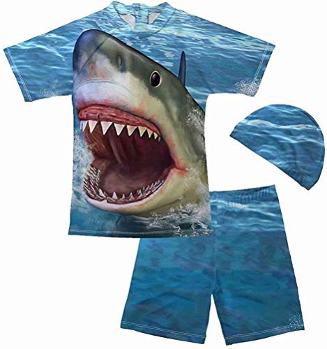 chaqlin Bademode für Jungen, Tankini-Set für Kinder, kurzärmelig, Shark Top, Wellen-Shorts und Hut, 3 Stück, Badeanzug-Sets für den Sommer im Alter von 5–14 Jahren Gr. 13-14 Jahre, Cooler Hai von chaqlin