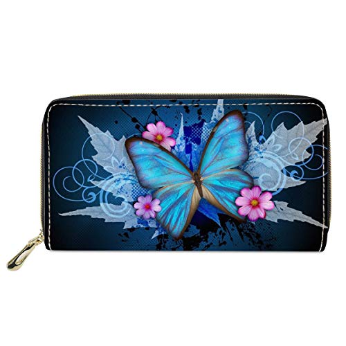 chaqlin Blue Butterfly Wallets Damenmode Geldbörsen mit Kartenhalter Reißverschlusstaschen Geldtaschen mit großer Kapazität von chaqlin