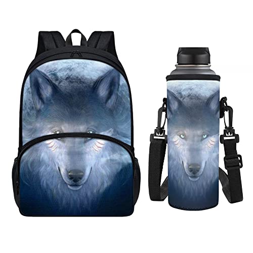 chaqlin Büchertaschen-Set für Jungen und Mädchen, 2-teilig, Kinder-Schulrucksack, Schulranzen-Set mit Wasserflasche, Schulranzen, Tragetasche, Umhängetasche, Animal Wolf, Einheitsgröße, Schulranzen-Set von chaqlin