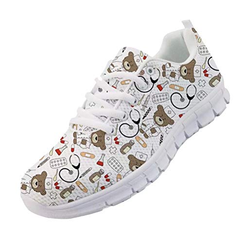 chaqlin Cartoon Bär Krankenschwester Schuhe Frauen Casual Laufen Walking Sneakers Schnüren Komfortable Weiche Wohnungen Sport Turnschuhe für Damen Mädchen Weiß Größe UK4 = Eur39 von chaqlin