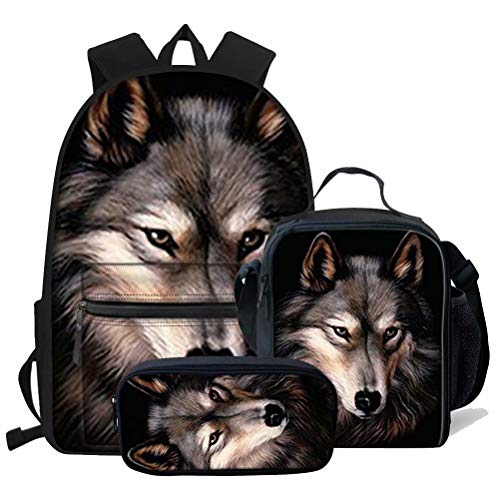 chaqlin Cool Wolf Schulranzen Kinder Jungen Rucksack Tier Mittagessen Tasche Federmäppchen Große Kapazität Jungen Bookbag Set 3-teilig, 3 x Wolf -11, Einheitsgröße, Kinderrucksack von chaqlin