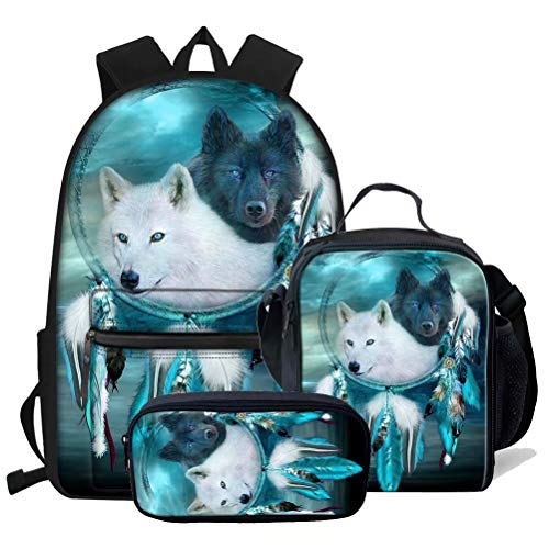 chaqlin Cool Wolf Schulranzen Kinder Jungen Rucksack Tier Mittagessen Tasche Federmäppchen Große Kapazität Jungen Bookbag Set 3-teilig, 3 Stück Wolf -3, Einheitsgröße, Kinderrucksack von chaqlin