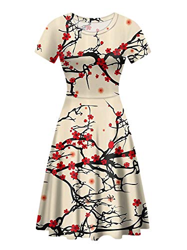 chaqlin Damen A-Linie Midi Kleider Knielang Midi Kleid für Urlaub Kurzarm Kleider Cocktail Party Rock Gr. L, Kirschblüten von chaqlin