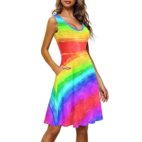 chaqlin Damen Ärmellose Kleider Freizeitkleider Tank Top Kleid mit Seitentasche, Größe XS-4XL, regenbogenfarben, Small von chaqlin