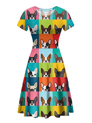 chaqlin Damen Casual Lose A Linie Midi Kleid Sommer Elegant Kurzarm Kleid mit Rundhals Größe S-XXL Gr. L, Boston Terrier von chaqlin