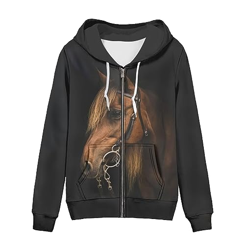 chaqlin Damen Full-Zip Hoodie Sweatshirt Athletic Hoodies Zip Up Hoodies Pullover Langarm Jacke mit Tasche Kordelzug, Tier Braunes Pferd, 36 von chaqlin