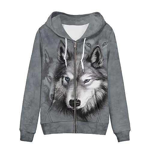 chaqlin Damen Full-Zip Hoodie Sweatshirt Athletic Hoodies Zip Up Hoodies Pullover Langarm Jacke mit Tasche Kordelzug, Tier Grau Wolf, 52 von chaqlin