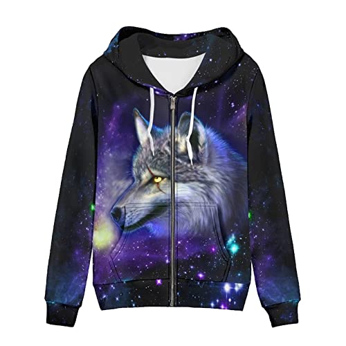 chaqlin Damen Full-Zip Hoodie Sweatshirt Athletic Hoodies Zip Up Hoodies Sweater Langarm Jacke mit Tasche Kordelzug, 3D Galaxy Wolf, 46 von chaqlin