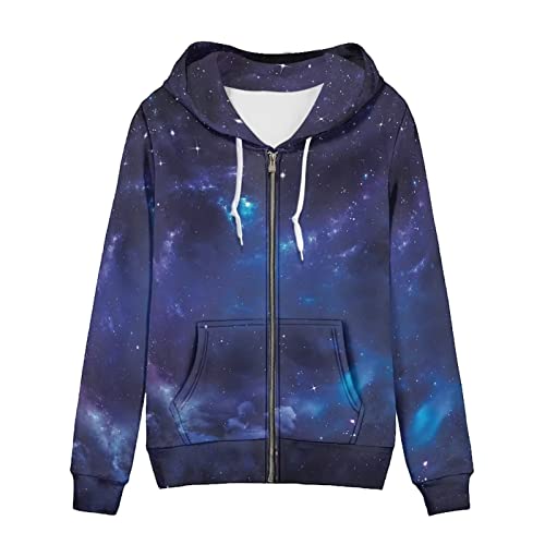 chaqlin Damen Full-Zip Hoodie Sweatshirt Athletic Hoodies Zip Up Hoodies Sweater Langarm Jacke mit Tasche Kordelzug, Blue Starry Night, 54 von chaqlin