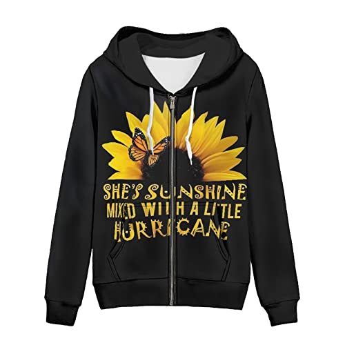 chaqlin Damen Full-Zip Hoodie Sweatshirt Athletic Hoodies Zip Up Hoodies Sweater Langarm Jacke mit Tasche Kordelzug, She's Sunshine Sonnenblume, 46 von chaqlin