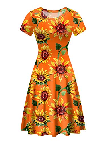 chaqlin Damen-Kleid, kurzärmelig, Rundhalsausschnitt, lässig, ausgestellt, Midi-Kleid, A-Linie, Sonnenkleider, Übergröße, S-XXL Gr. Medium, A-sunflower-orange von chaqlin