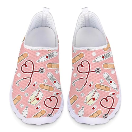 chaqlin Damen Laufschuhe mit niedlichen Krankenschwester Turnschuhe Drucken Slip-On-Wanderschuhe rosa Größe 42 EU von chaqlin