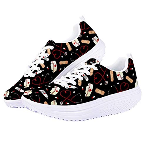chaqlin Damen Plattform Schuhe niedlichen Krankenschwester Muster Turnschuhe Outdoor Sport Gym Running Walking Trainer leichte Höhe Abnehmen Schuhe schwar 38 EU von chaqlin