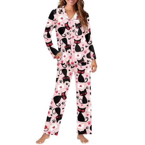 chaqlin Damen-Pyjama-Set, niedliches Loungewear-Pyjama-Set, 2-teilig, langärmelig, Hauskleidung, Lounge-Set, Schlafanzug, Knopfleiste, Nachtwäsche, Süße schwarze Katze, M von chaqlin