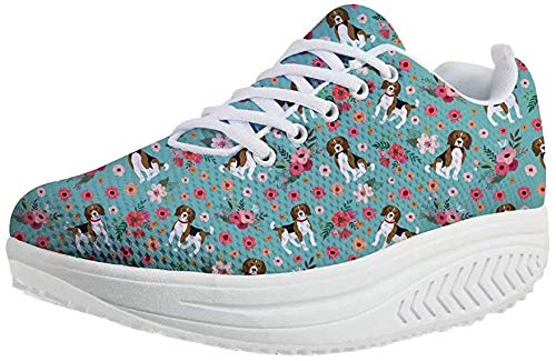 chaqlin Damen Walking Plateauschuhe Damen Fitness Shake Wedge Sneakers mit höher werdendem Beagle Blumendruck Walking Schuhe Größe EU38 von chaqlin