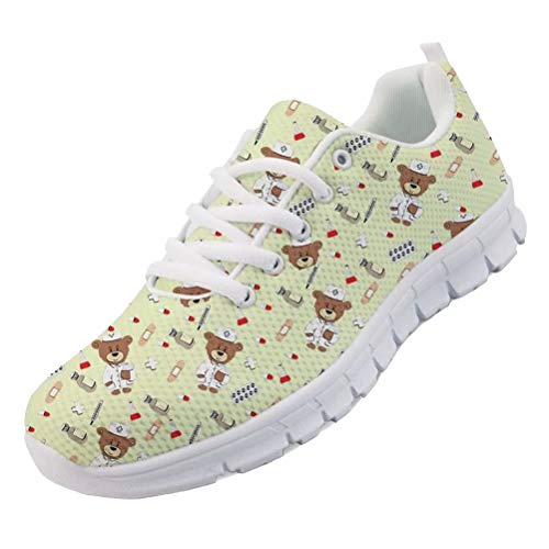 chaqlin Damensneaker Flats Lässige Running Walking Schnürschuhe mit Cartoon Krankenschwester Bär Muster Turnschuhe Gelb EU42 von chaqlin