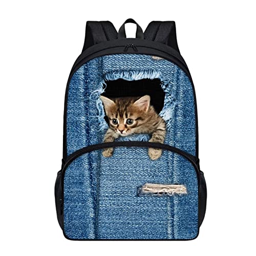 chaqlin Denim Katze Rucksack für Kinder, lustige Tier Katze Schultaschen Große Büchertaschen für Schuljungen Mädchen Nette Reise Rucksack Casual Daypack Laptop Rucksack mit Fronttasche von chaqlin