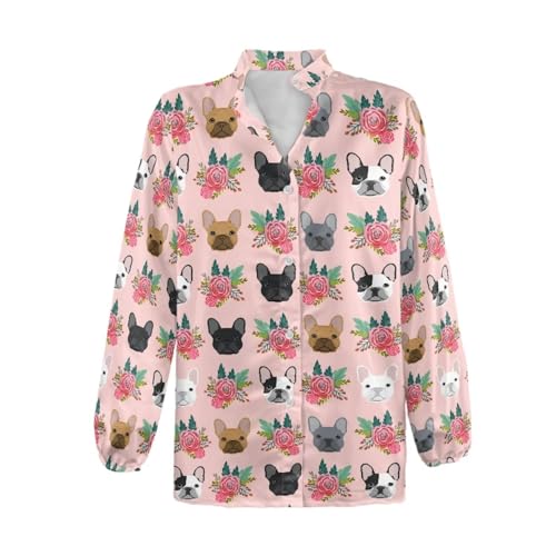 chaqlin Frauen Casual Bluse Langarm Shirts Tops Button Down Shirts Bluse für Arbeit Büro, Blume Bulldogge, XXX-Large von chaqlin
