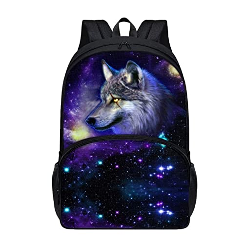 chaqlin Galaxy Blue Wolf Rucksack Schultaschen für Kinder Erwachsene, 17 Zoll Tier Wolf Große Buchtaschen für Schule mit Fronttasche, Jungen Mädchen Tier Rucksack Schultaschen Casual Daypack von chaqlin