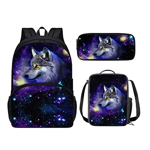 chaqlin Galaxy Blue Wolf Schultaschen Set für Kinder, Tier Wolf Schulrucksack Set mit isolierter Lunch Box, Bleistifttasche für Grundschule Große Buchtaschen Reise Rucksack Set 3 Pcs von chaqlin