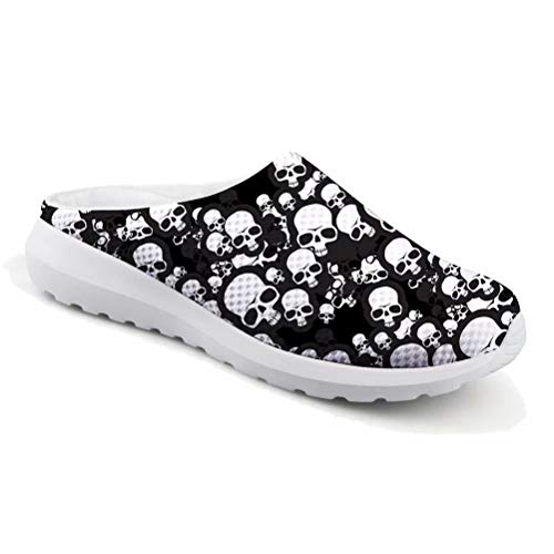 chaqlin Herren Damen Unisex Mesh Flip Flop Strand Sandalen Outdoor Sport Casual Sommerschuhe Slip-on Leicht Schnell Trocken Garten Clog Loafer Schädel Muster, Schwarz - Black Skull - Größe: 38 EU von chaqlin