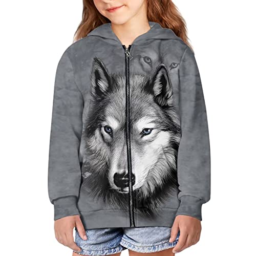 chaqlin Kinder-Kapuzenpullover mit durchgehendem Reißverschluss und Tasche, 3D-Kapuzenpullover, langärmelig, Sweatshirt, Reißverschlüsse, Hoodie für Jungen und Mädchen, Grauer Wolf, 128 von chaqlin