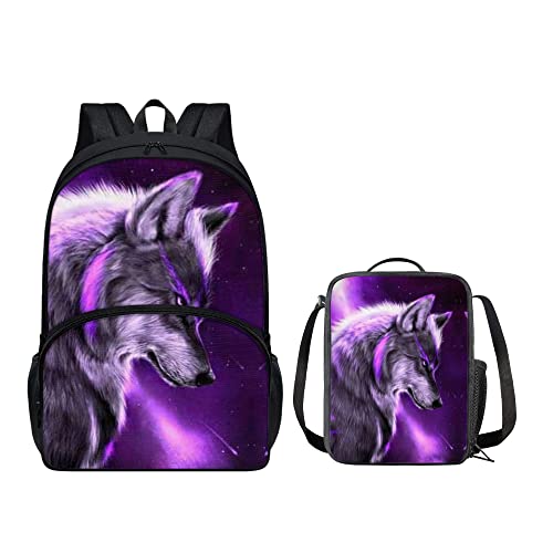 chaqlin Kinder-Rucksack-Set mit Lunch-Taschen, 2er-Pack, Büchertaschen-Set für Kindergarten, Violett Galaxie Wolf, Einheitsgröße, Schulranzen-Set von chaqlin