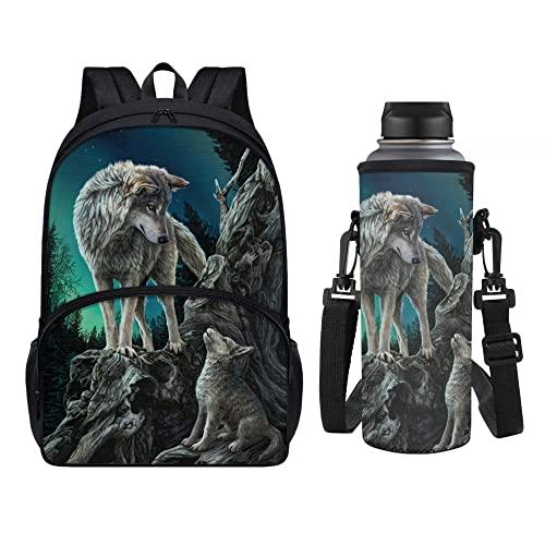 chaqlin Kinder-Schultaschen-Set, 2-teilig, personalisiertes Rucksack-Set mit Sport-Wasserflaschen-Tasche, Hülle, für Kindergarten, Elementare, Animal Wolf, Einheitsgröße, Schulranzen-Set von chaqlin