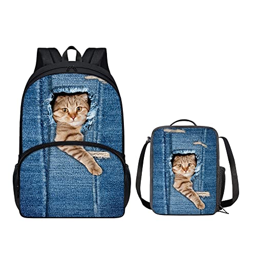 chaqlin Kinder-Schultaschen-Set, Jungen und Mädchen, Büchertaschen-Set mit eingesetzter Lunchbox, Set mit 2 Rucksäcken für Jungen und Mädchen, Schöne Denim-Katze, Einheitsgröße, Schulranzen-Set von chaqlin