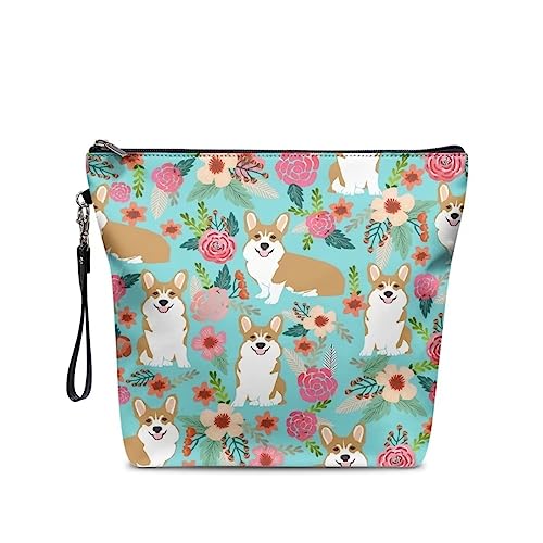 chaqlin Kosmetiktaschen für Frauen und Mädchen, niedliche Make-up-Taschen, Beauty-Aufbewahrungstaschen, Reißverschluss-Tasche, wasserdicht, Reise-Kulturartikel-Organizer, Niedliches Corgi-Blumenmuster, Einheitsgröße, Kulturbeutel von chaqlin