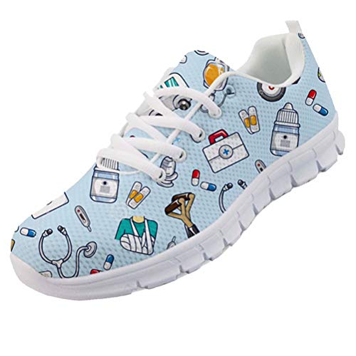 chaqlin Krankenschwester Flache Schuhe Damen Mädchen niedlichen Cartoon Krankenschwestern gedruckt Damen Turnschuhe Schuhe atmungsaktiv Mesh Wohnungen Laufschuhe blau Größe EU37 von chaqlin