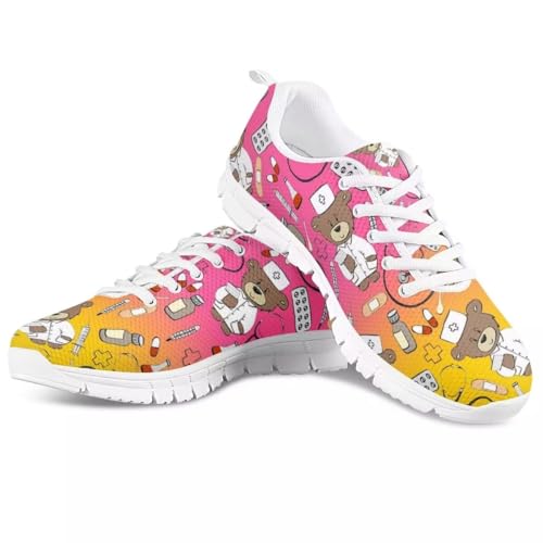chaqlin Krankenschwester Sneaker Damen Laufschuhe mit rosa niedlichen Bären Doktor Print Spazierschuhe Nurse Schuhe Leichte Freizeitsportschuhe Tennisschuhe für Damen,Größe 40 EU von chaqlin